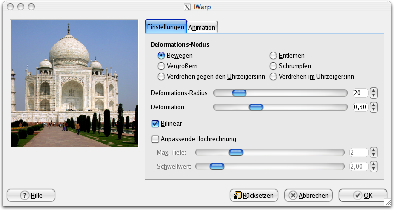 Eigenschaften (Einstellungen) für das Filter IWarp
